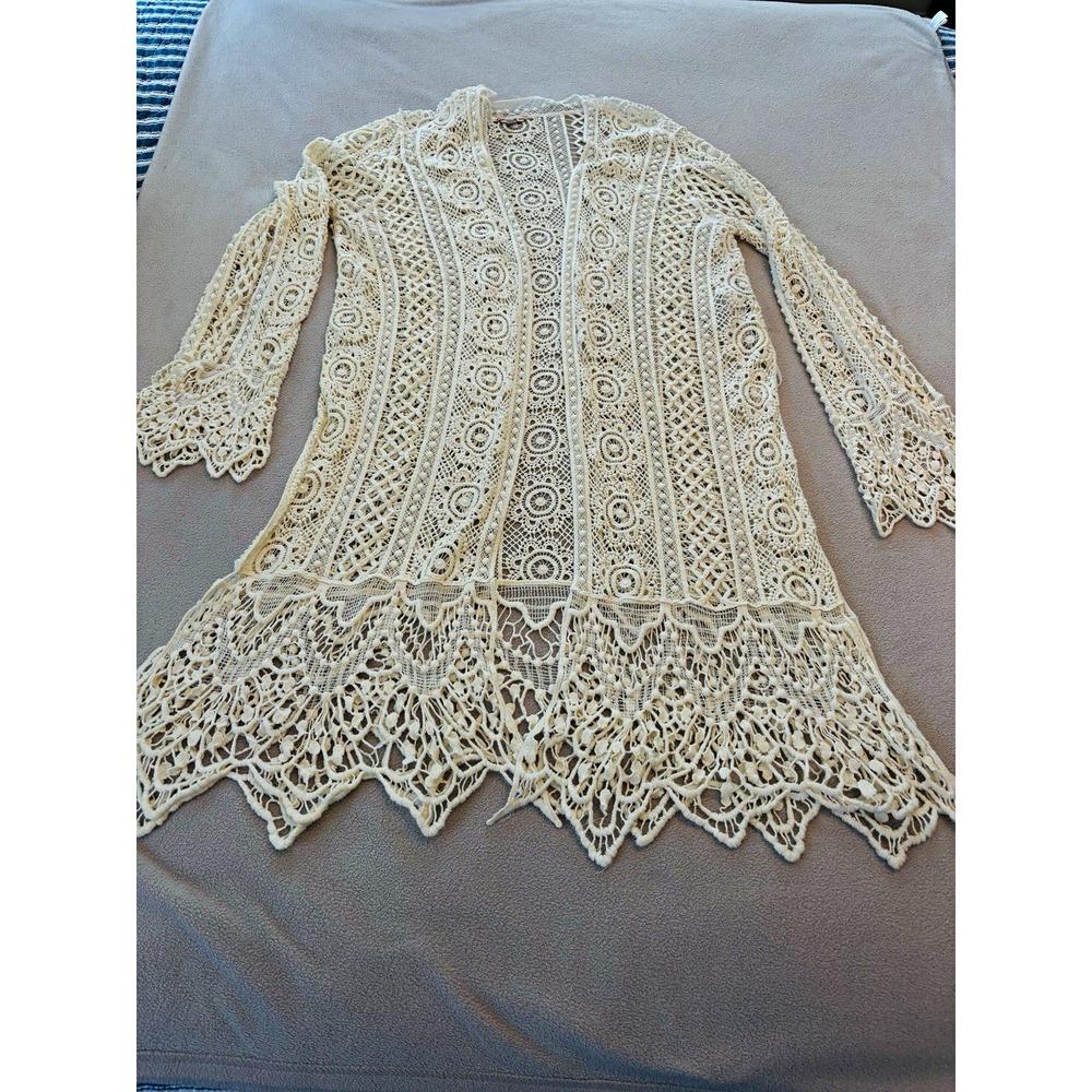 GUESS Womens Ivory Crochet Lace Open Front Long Sleeve Kimono Cardigan M/L